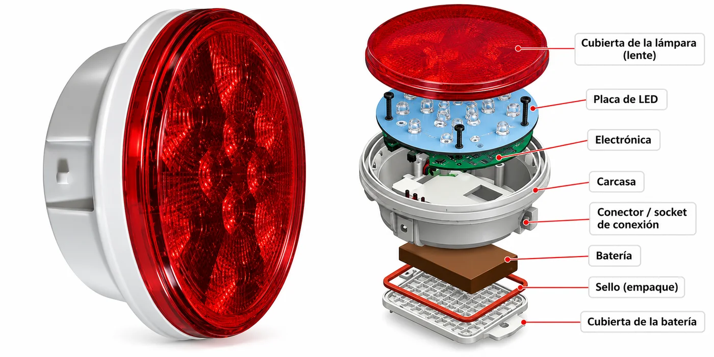 Rastreador GPS 4G integrado en una luz trasera LED para remolque, con su despiece: lente, placa de LED, electrónica, carcasa, conector, batería, sello y cubierta de la batería